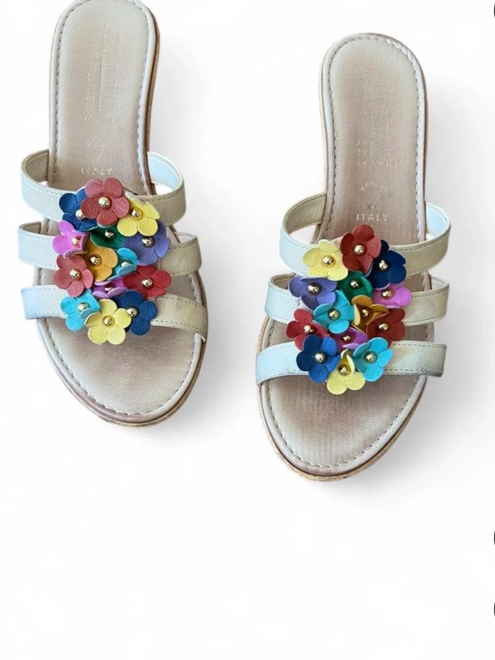 Italian Shoemakers Beige Leather Slide Sandals with Multicolor Floral Accents